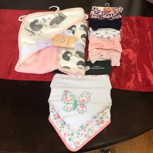 New baby girl hooded towel & washcloth, bandana bibs, 5 headbands 0-24 months